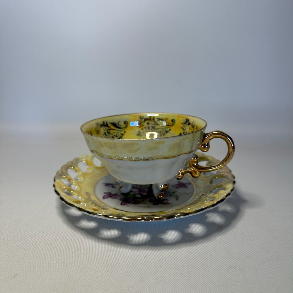 Vintage Royal Sealy Japan Yellow Porcelain Lusterware Footed Teacup & Saucer Set